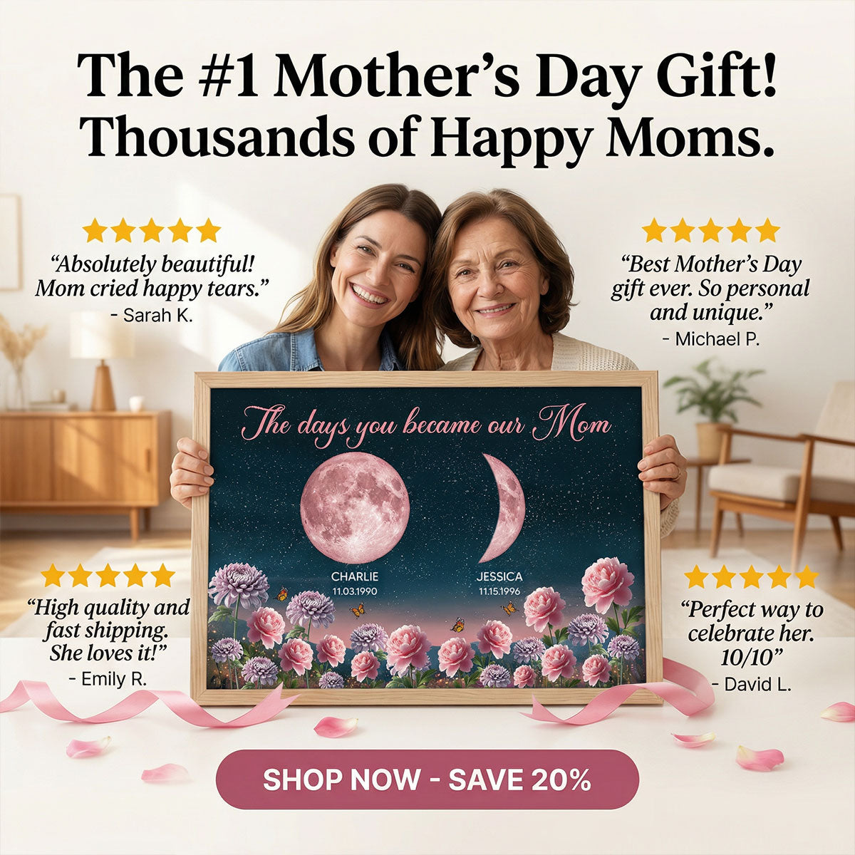 Birth Month Flowers The Day You Become Mum Grandma Custom Birth Moon Phase - Personalised Poster, Mother's Day Gift For Mum, Grandma