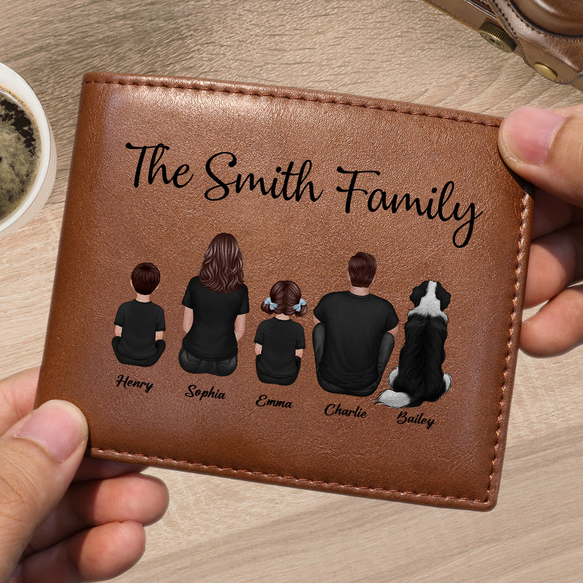 Family Sitting Together Personalized Printed Leather Wallet, Father's Day Gift, Birthday Gift For Husband, Dad, Grandpa