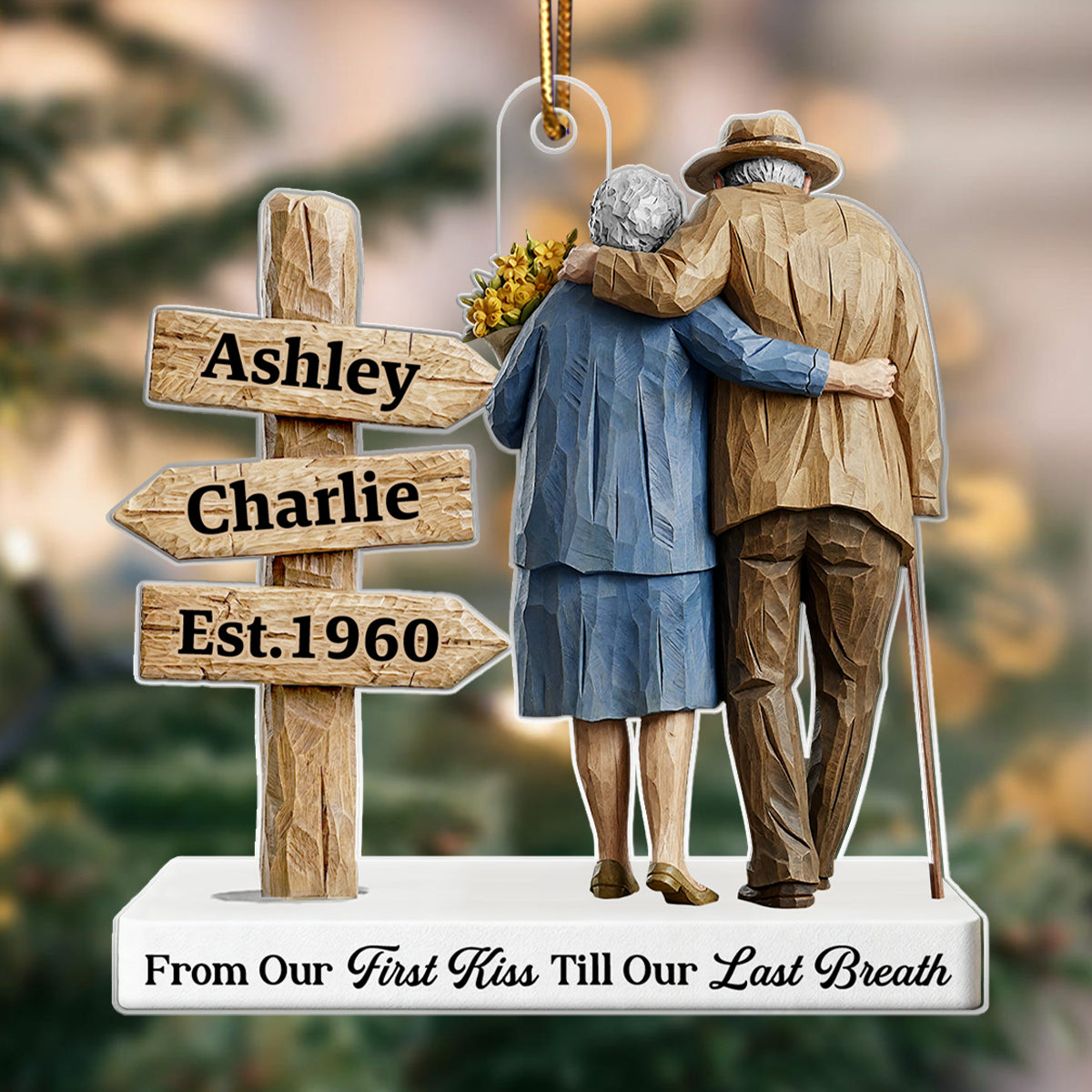 3D Effect Wooden Old Couple Sign Post - Personalized Acrylic Ornament - Heartwarming Christmas Gift For Him, For Her, For Couple