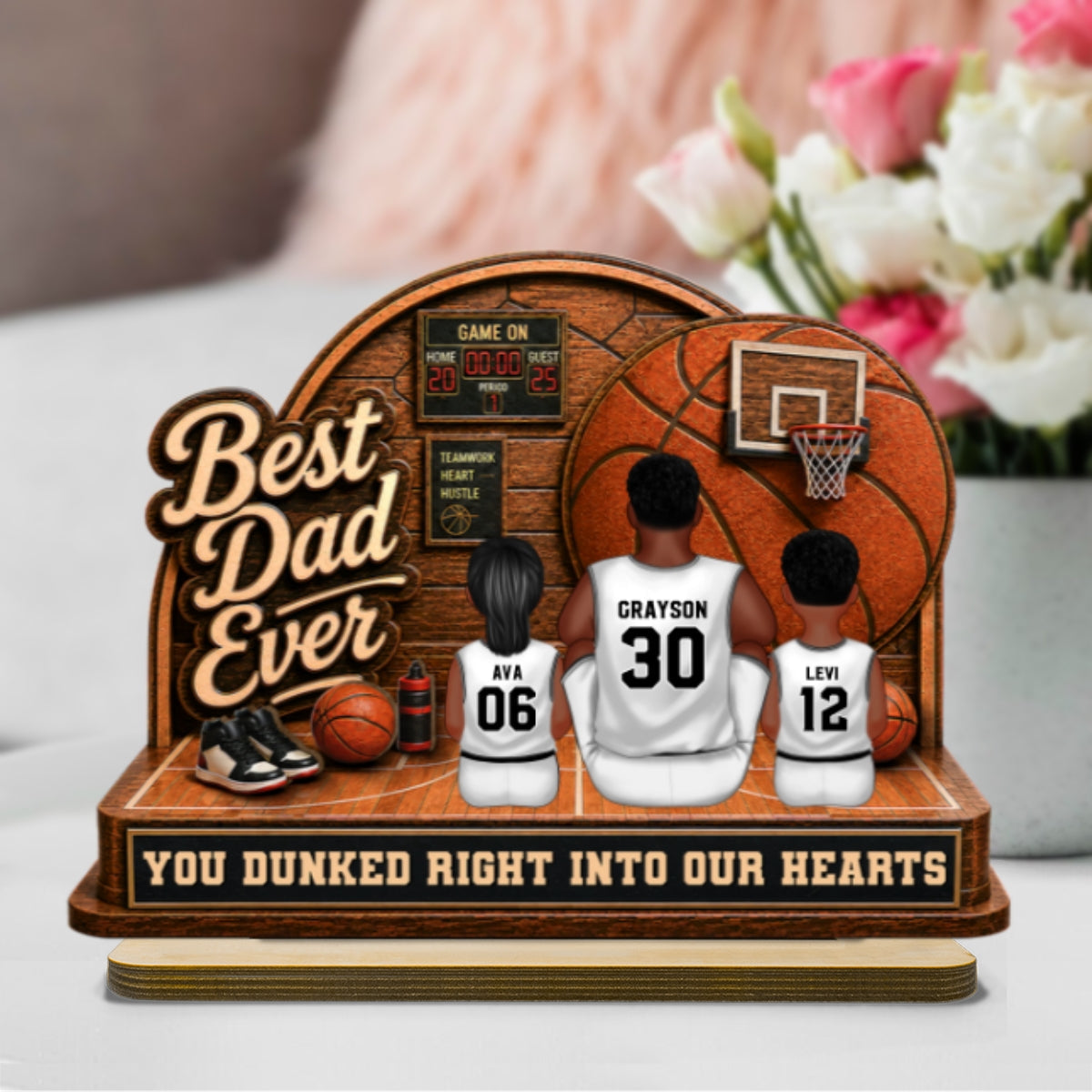 MVP Dad Back View Basketball Man & Kids 2D Flat - Personalized 2-Layered Wooden Plaque -  Gift For Basketball Dad