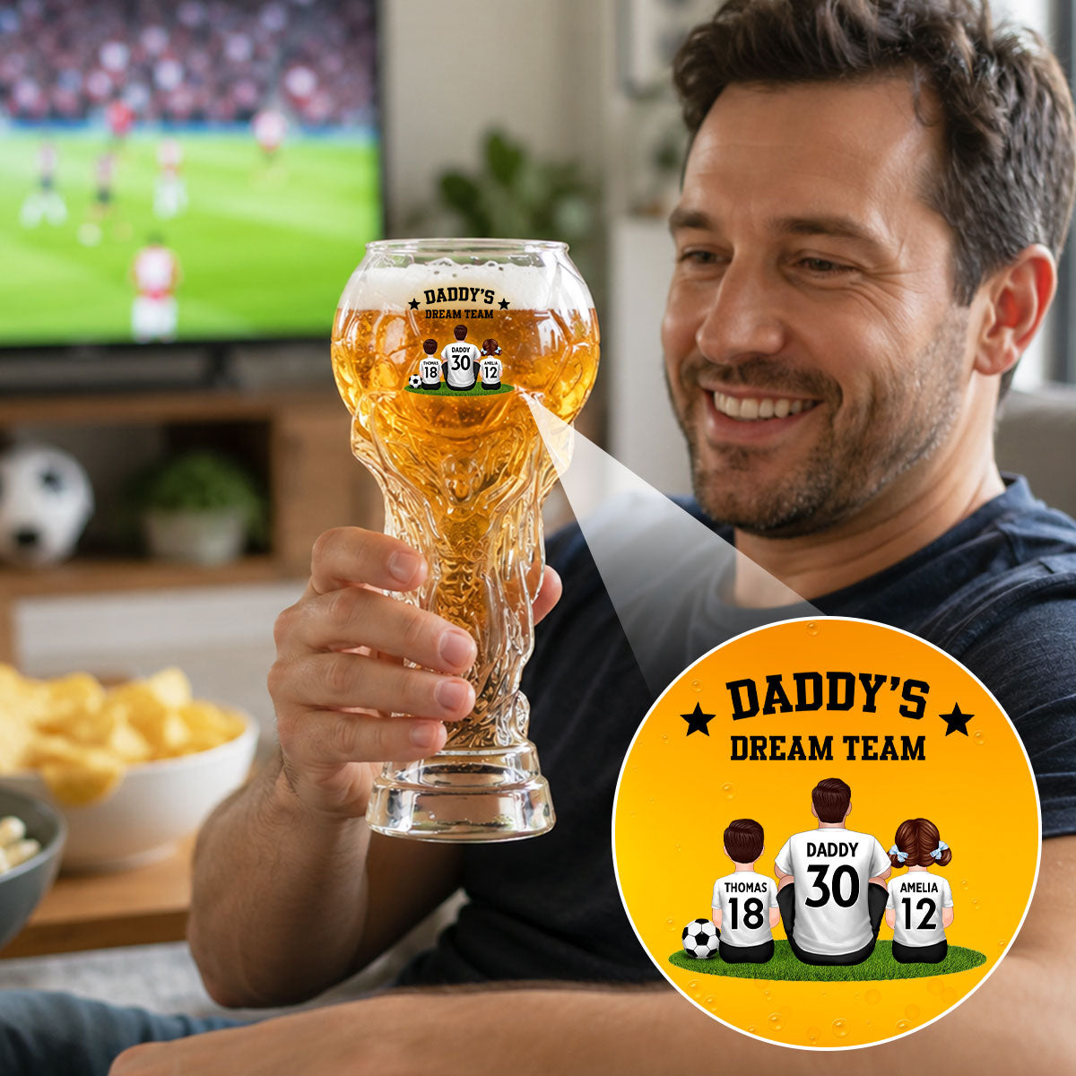 Daddy's Dream Team World Cup 2026 Football - Personalized Trophy Beer Glass - Match Day Beer Glass, Birthday Gift for Him, Gift for Dad