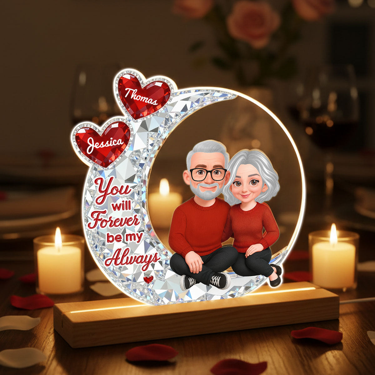 Eternal Love Couple Sitting On Moon - Personalized Plaque LED Night Light - Heartfelt Gift For Couple, Gift For Him, For Her