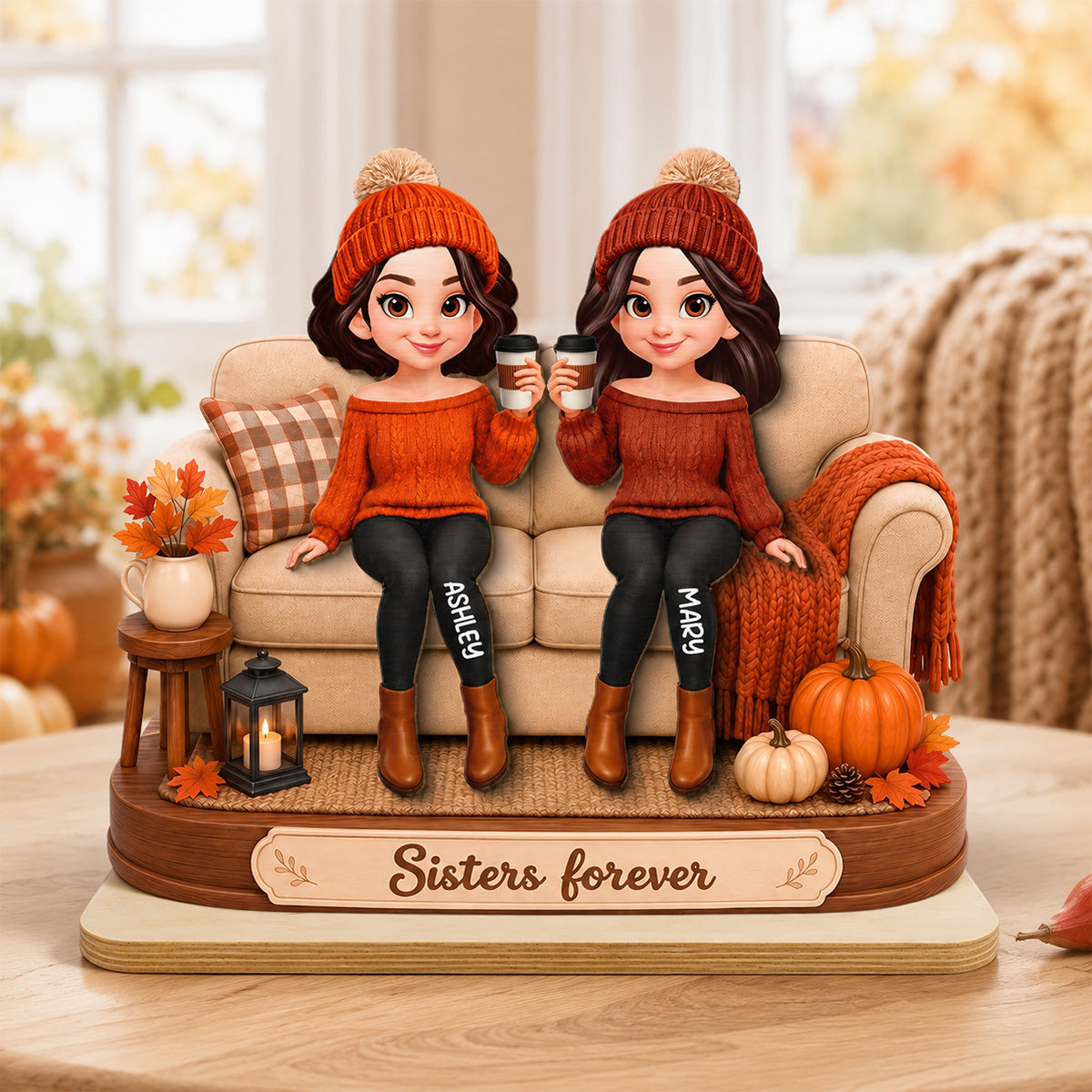 Besties Sisters Sitting On Sofa 2D Flat - Personalized Wooden Plaque - Fall Season Gift