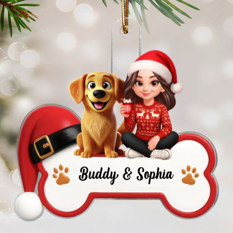 3D Effect Christmas Dog Bone Girl And Dog - Personalized Acrylic Ornament - Gift For Dog Lovers