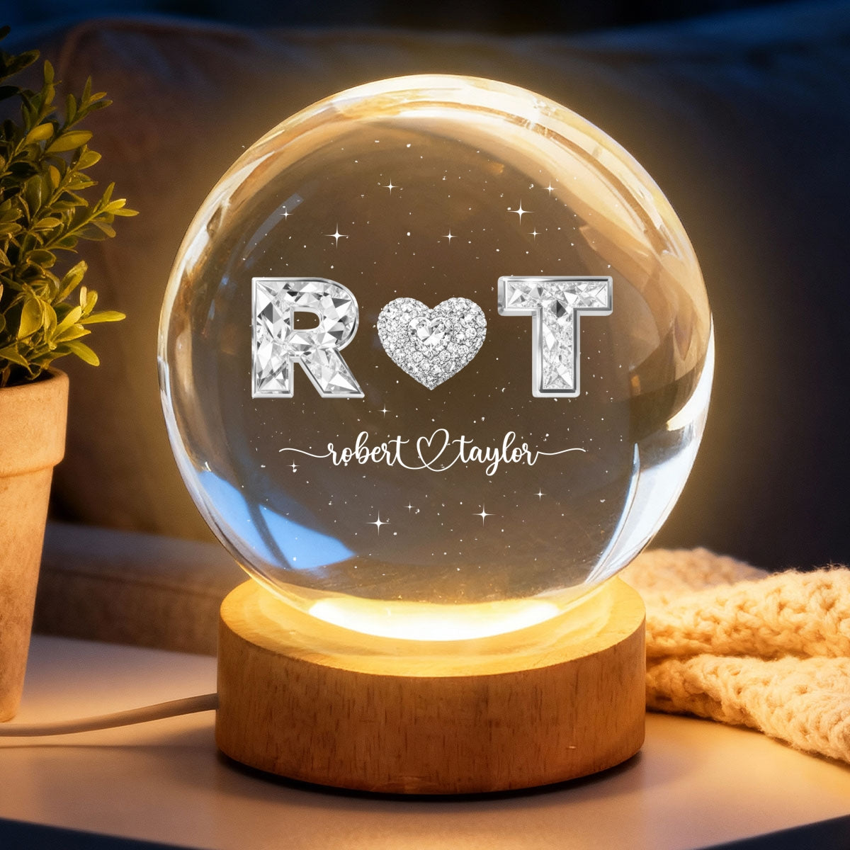 Eternal Love Couple Initial Names - Personalized Crystal Ball LED Night Light - Valentine's Day Gift For Couple, For Her, For Him