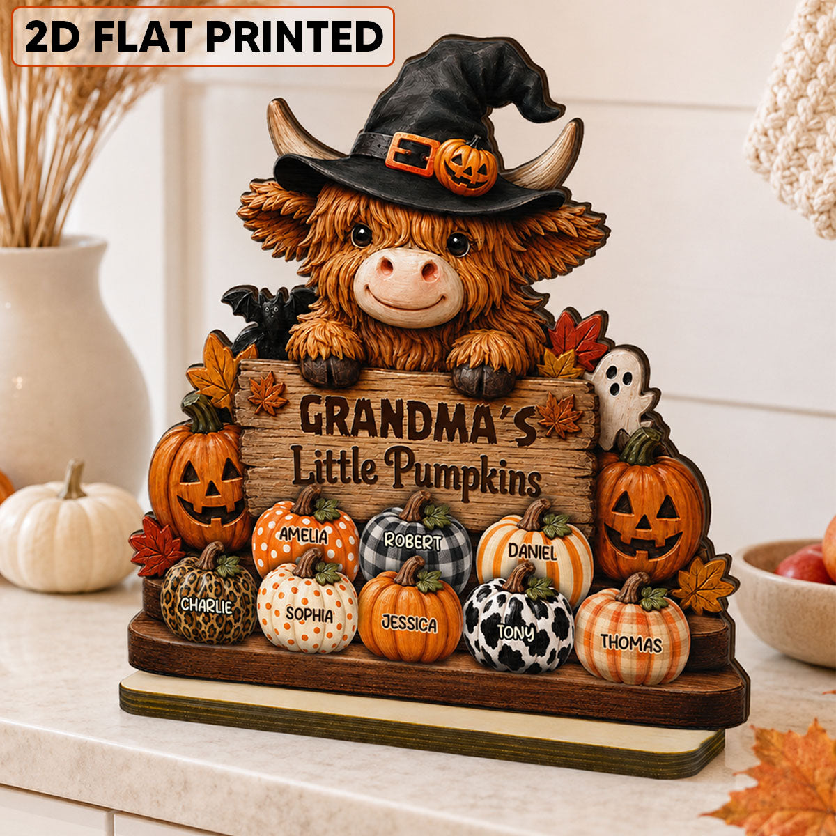 Highland Cow Grandma's Little Pumpkins - Personalized 2-Layered Wooden Plaque - Fall Decor For Grandma