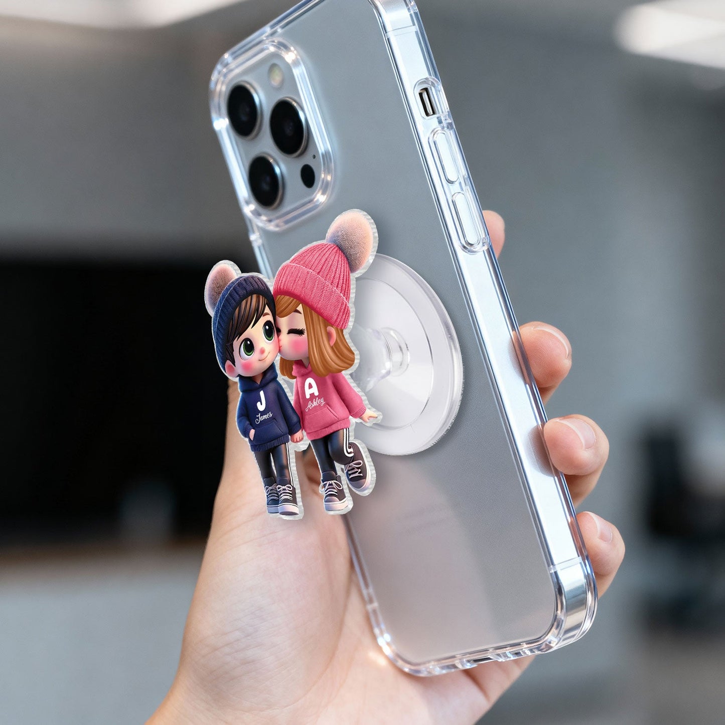 3D Effect Cute Cartoon Couple Walking - Personalized Acrylic Magnetic Phone Grip - Matching Phone Grips for Couples