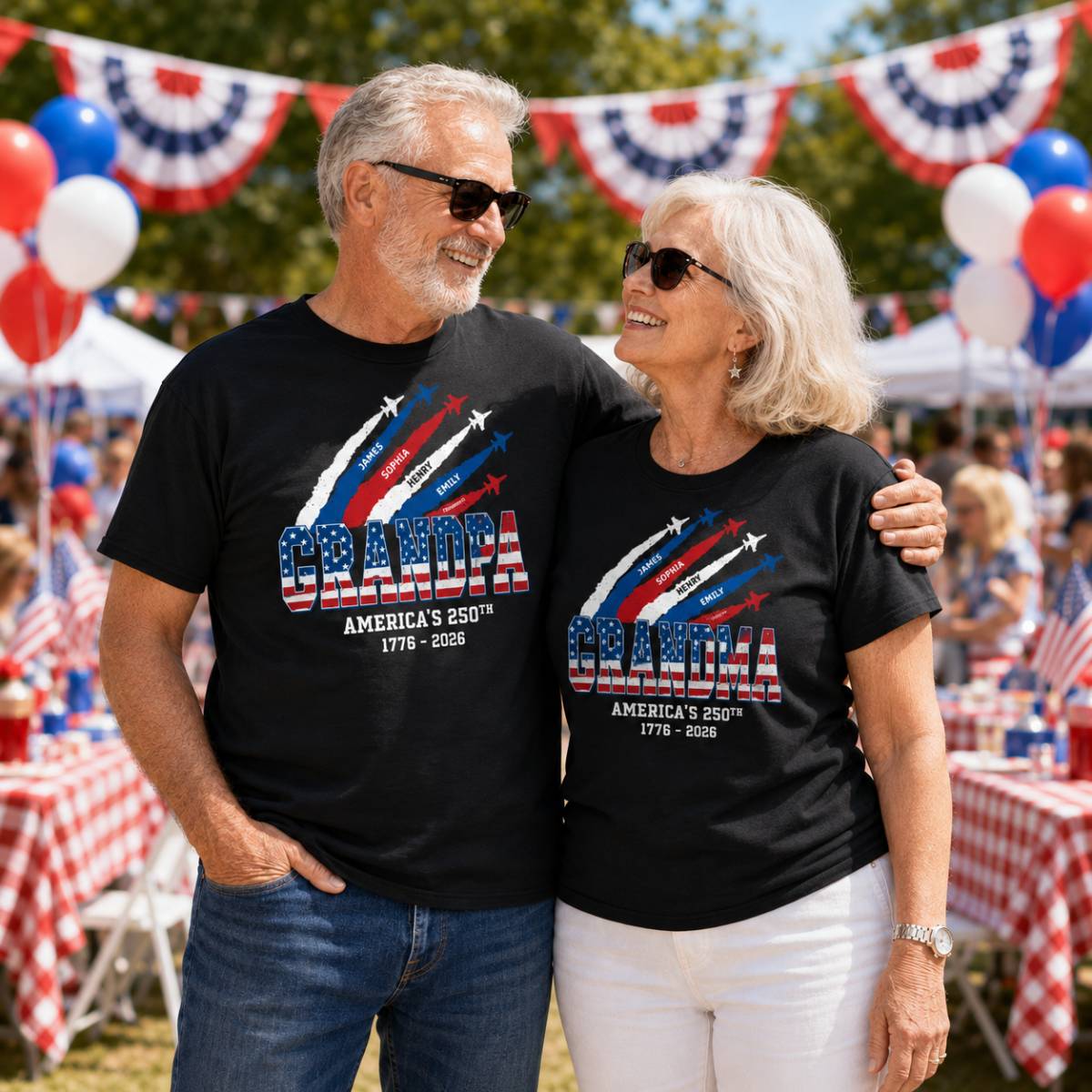 Proud Dad Grandpa Grandma Nation Flag American 250th Anniversary - Personalized Shirt - Matching Patriotic Shirt For Grandpa, Grandma, 250 Years Of Freedom Celebration
