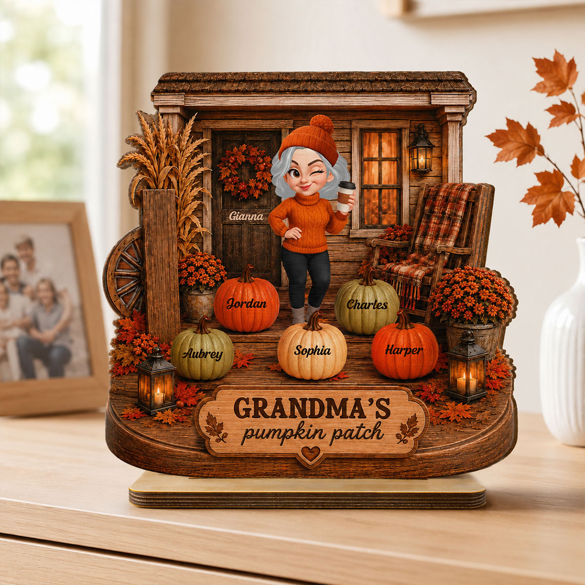 Grandma's Pumpkin Patch Front Porch 2D Flat Printed - Personalized 2-Layered Wooden Plaque - Cozy Fall Decor for Grandma