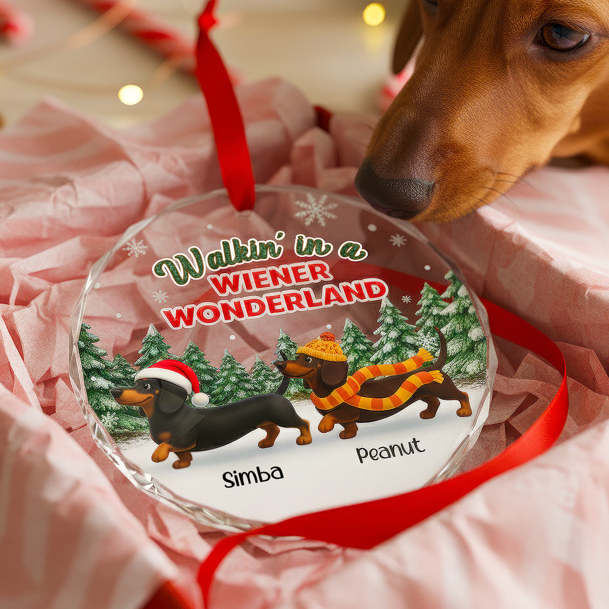 Christmas Dachshunds Walking In A Wiener Wonderland - Personalized Glass Ornament