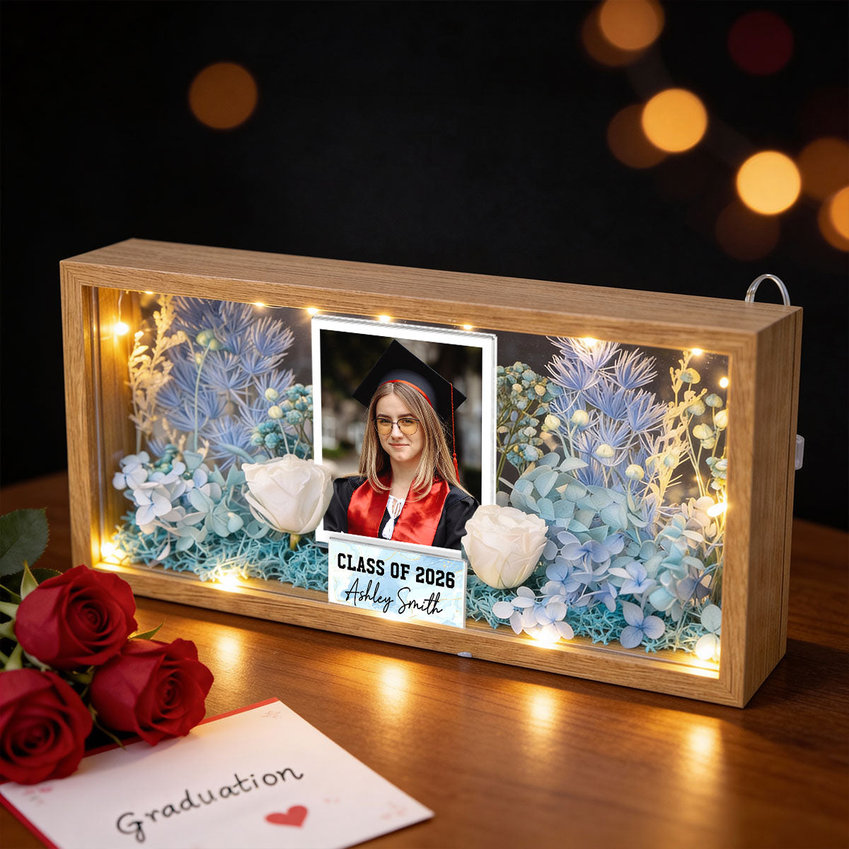 Class Of Year Senior Custom Photo - Personalized DIY Flower Shadow Box LED Night Light - Graduation Gift For Graduates, Daughter