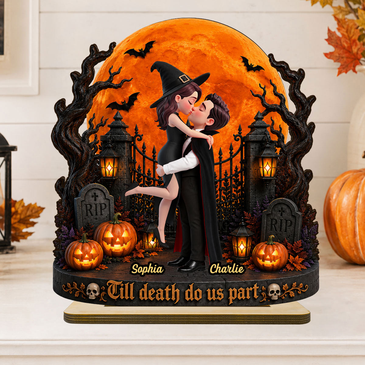 Eternal Love Couple Under Halloween Moon Light - Personalized 2-Layered Wooden Plaque - Halloween Gift For Couple
