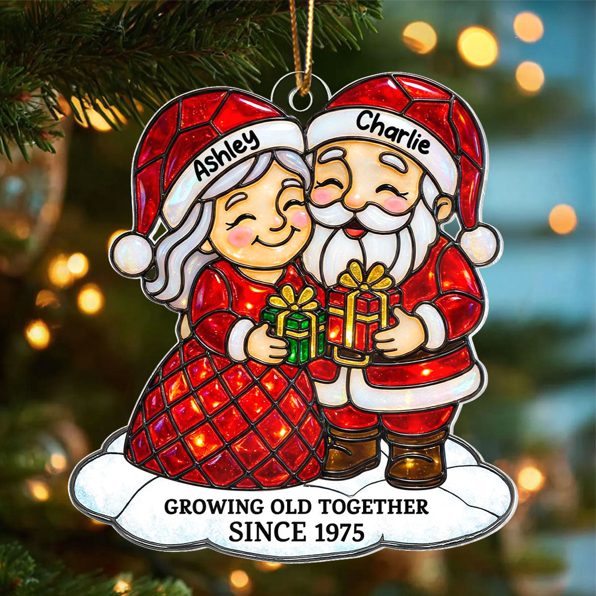 Couple Growing Old Together Stained Glass Pattern - Personalized Acrylic Ornament - Heartwarming Christmas Gift For Him, For Her, For Couple