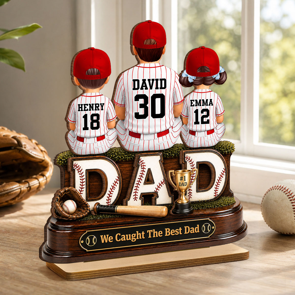 Baseball Dad and Children We Caught the Best Dad - Personalized 2-Layered Wooden Plaque -  Gift for Dad, Husband