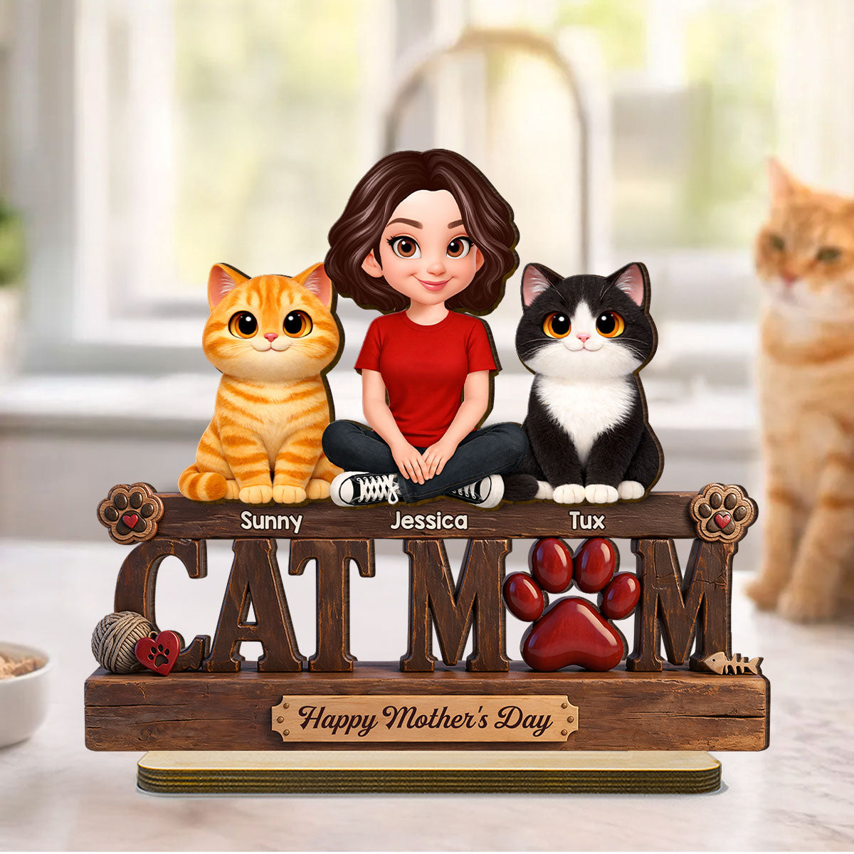 Cat Mom Cute Fluffy Cats Happy Mother's Day - Personalized 2-Layered Wooden Plaque - Mother's Day Gift For Cat Mom