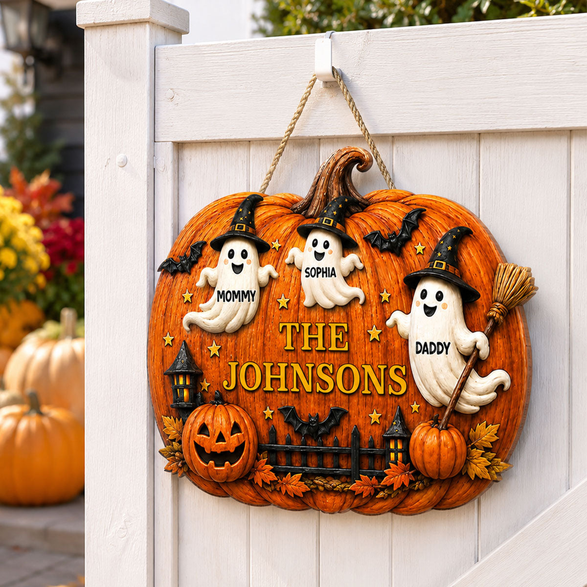 Halloween Family Ghost Pumpkin - Personalized Wood Sign - Halloween Decor Gift, Gift For Family