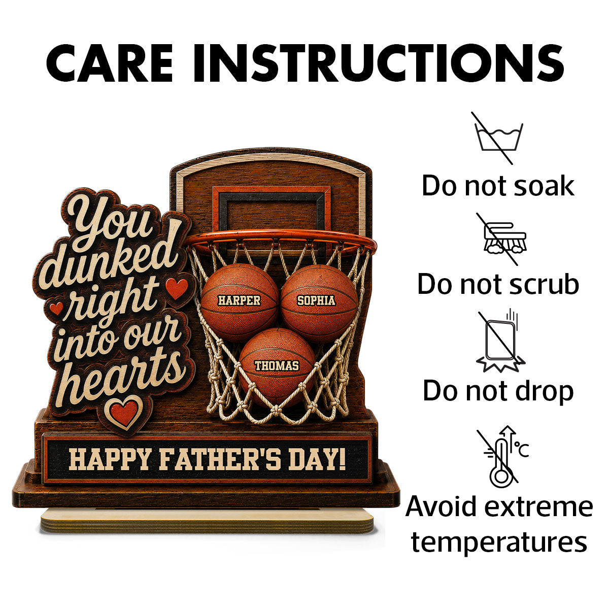 You Dunked Right Into Our Hearts Custom Name 2D Flat - Personalized 2-Layered Wooden Plaque -  Gift For Basketball Dad