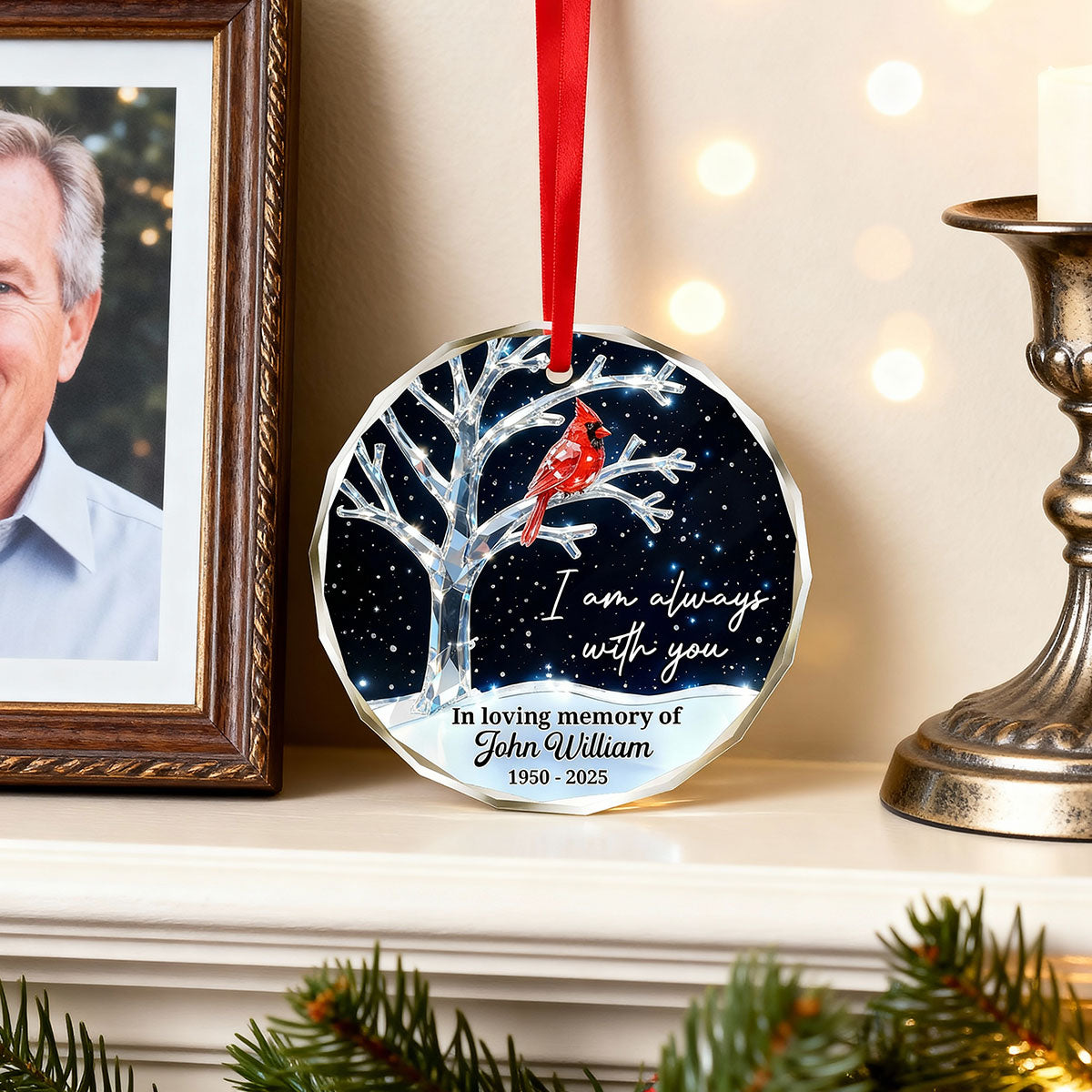 3D Crystal Effect Memorial Winter Tree Cardinals - Personalized Glass Ornament - Remembrance Gift, Sympathy Gift