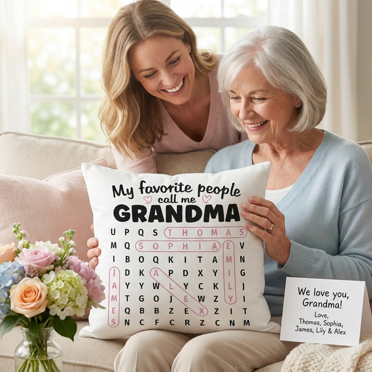Grandma's Favorite People Word Search Puzzle - Personalized Pillow - Mother's Day Gift For Grandma Mom
