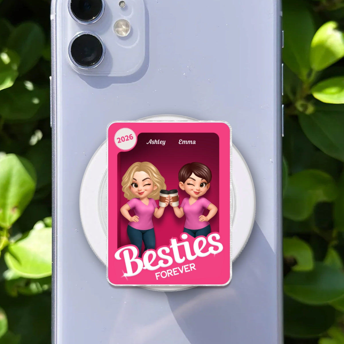 Besties Forever Pink 3D Effect Action Figure – Personalized Acrylic Magnetic Phone Grip – Gift for Best Friends, Matching Phone Grips