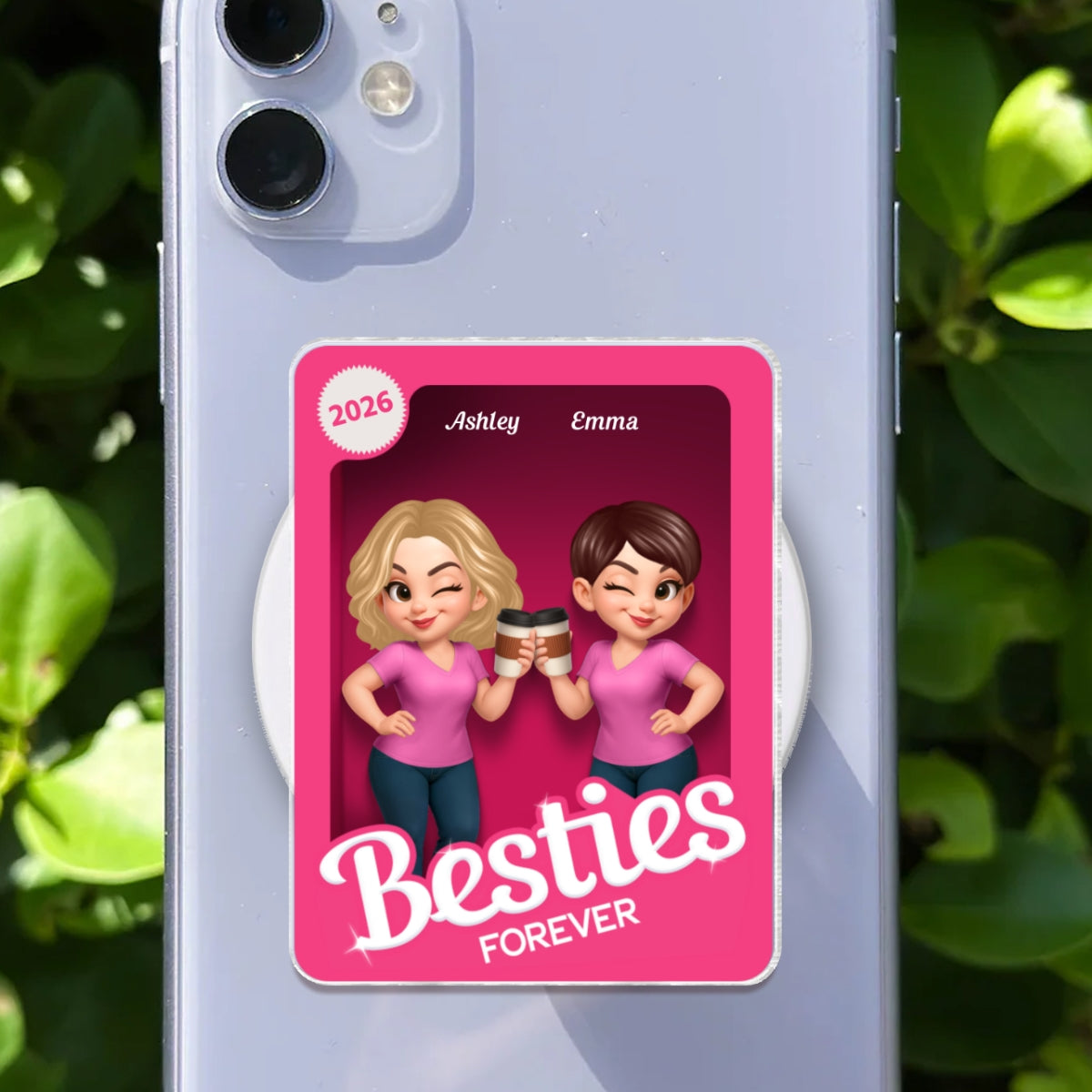 Besties Forever Pink 3D Effect Action Figure – Personalized Acrylic Magnetic Phone Grip – Gift for Best Friends, Matching Phone Grips