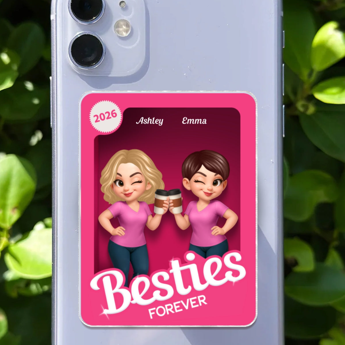 Besties Forever Pink 3D Effect Action Figure – Personalized Acrylic Magnetic Phone Grip – Gift for Best Friends, Matching Phone Grips