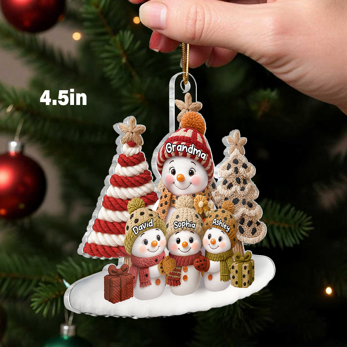 3D Embroidered Effect Snowman Grandma Grandkids - Personalized Acrylic Ornament - Christmas Gift for Grandma