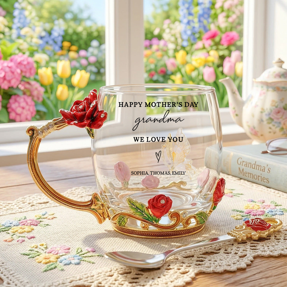Good Morning Happy Mother's Day Grandma Mom - Personalized Enamel Flower Tea Cup - Gift For Grandma, Mom