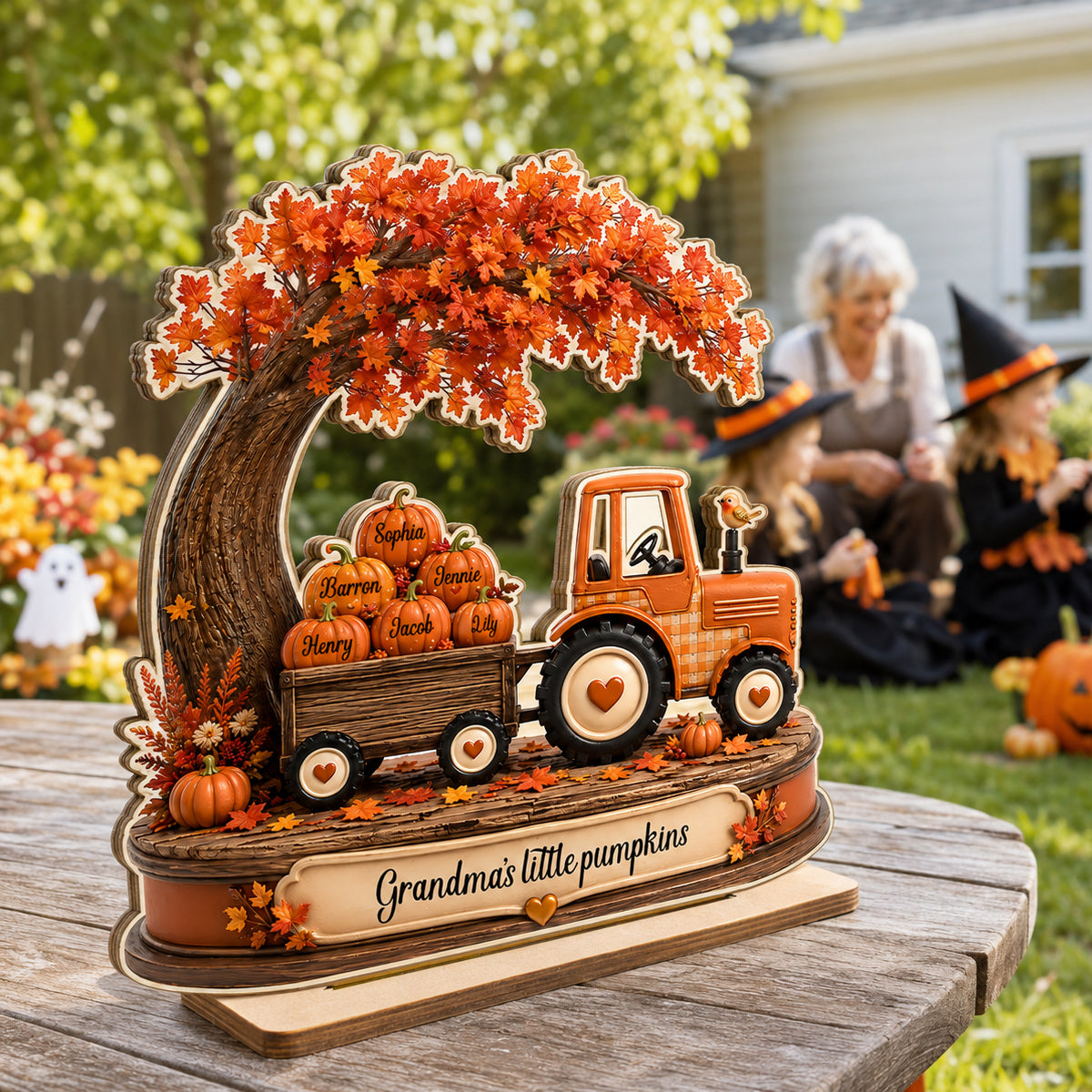 Grandma's Little Pumpkins Tracktor Autumn - Personalized 2-Layered Wooden Plaque - Fall Season Decor Gift, Gift For Grandma