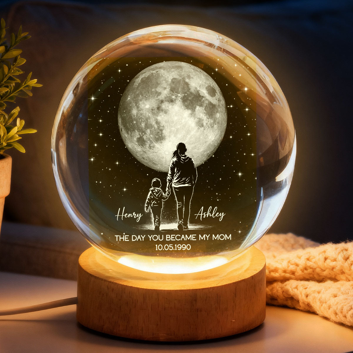 The Day You Became My Mom Custom Moon Phase by Date - Personalized Crystal Ball LED Night Light - Mother's Day Gift for Mom