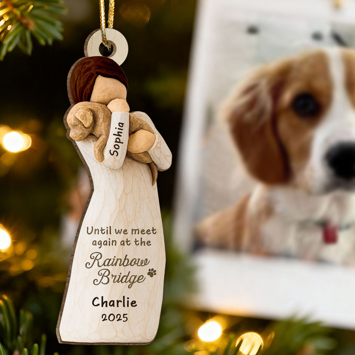 Until We Meet At Rainbow Bridge Woman & Dog 3D Effect - Personalized Wooden Ornament - Memorial Keepsake