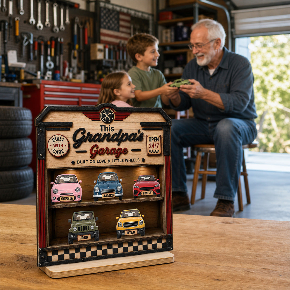 Dad Grandpa's Garage 2D Flat - Personalized Wooden Plaque -  gift for Dad, Grandpa