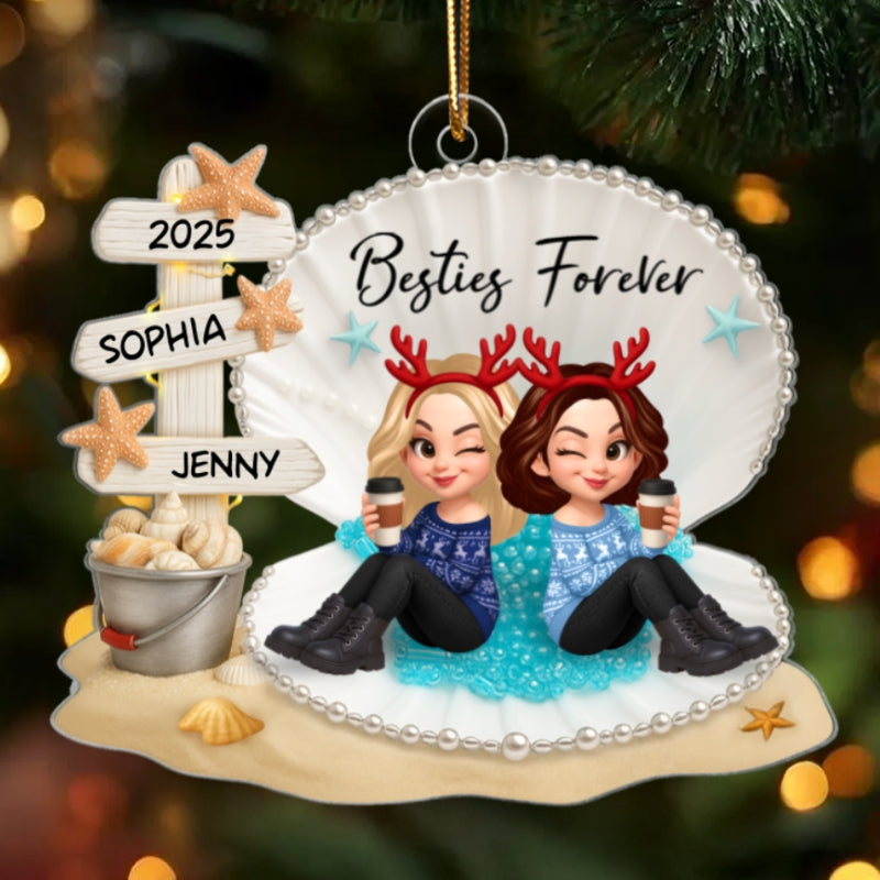 Besties Sitting in Shell - Personalized Acrylic Ornament - Christmas Gift for Best Friends