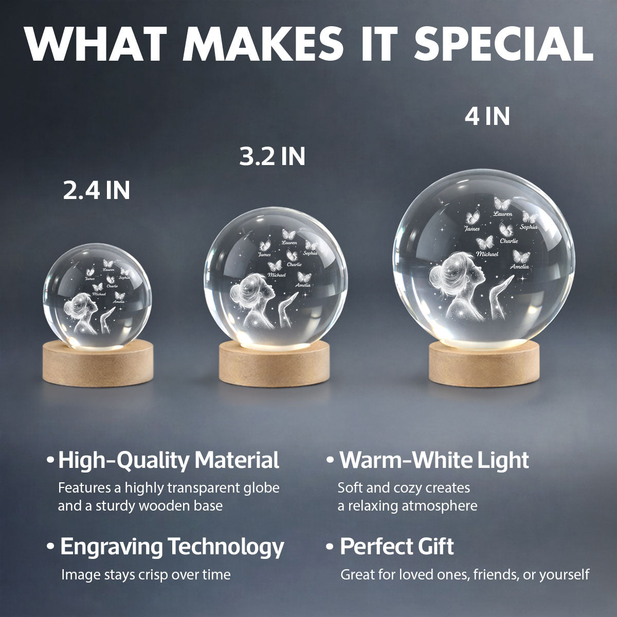 Grandma Mom Butterflies Kiss - Personalized Crystal Ball LED Night Light - Sentimental Gift for Grandma, Mom