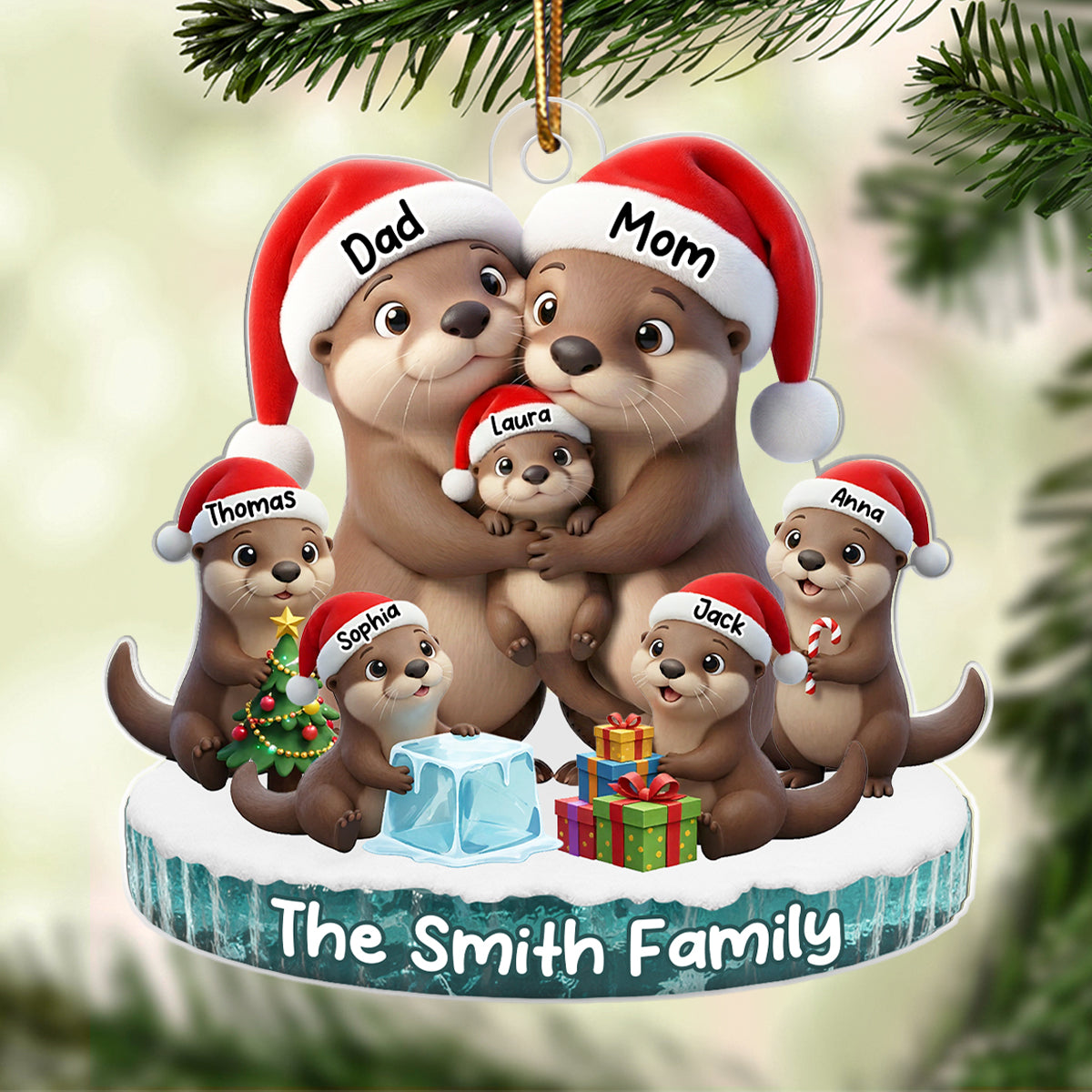 Otter Family Dad Mom Kids Together - Personalized Acrylic Ornament - Heartwarming Christmas Gift For Family