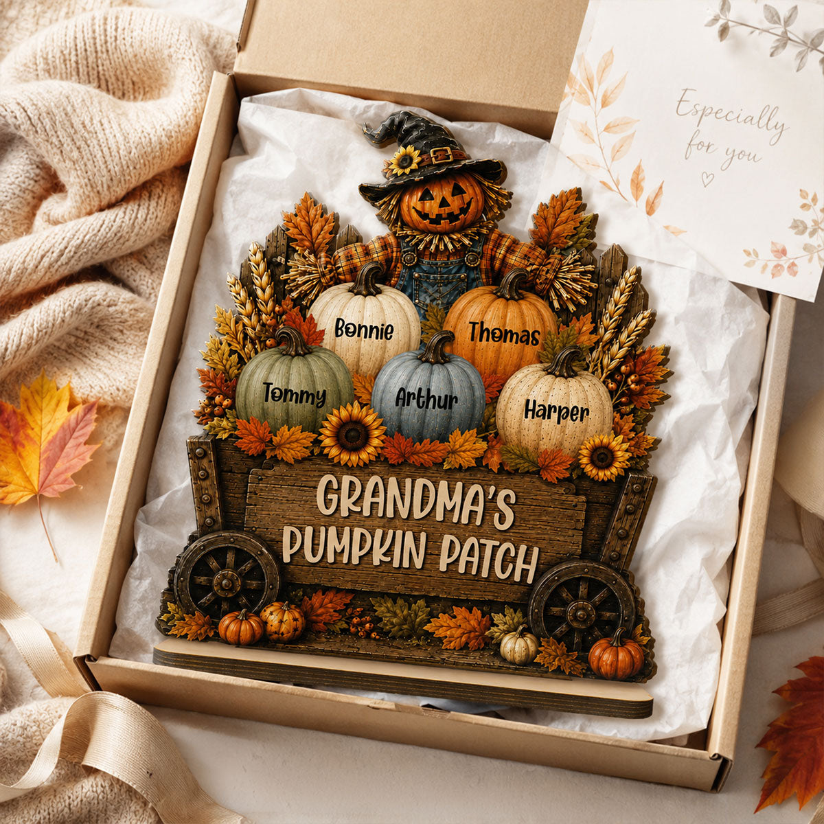 Grandma's Pumpkin Patch Scarecrow Pumpkins On Wagon 2D Flat - Personalized 2-Layered Wooden Plaque - Rustic Fall Decor