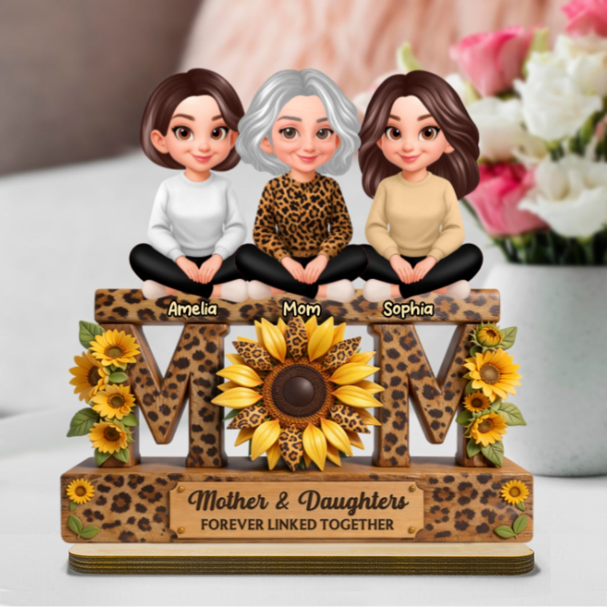 Beautiful Leopard Sunflower You Are My Sunshine MOM And Daughters Sons - Personalized 2-Layered Wooden Plaque - Gift For Mom