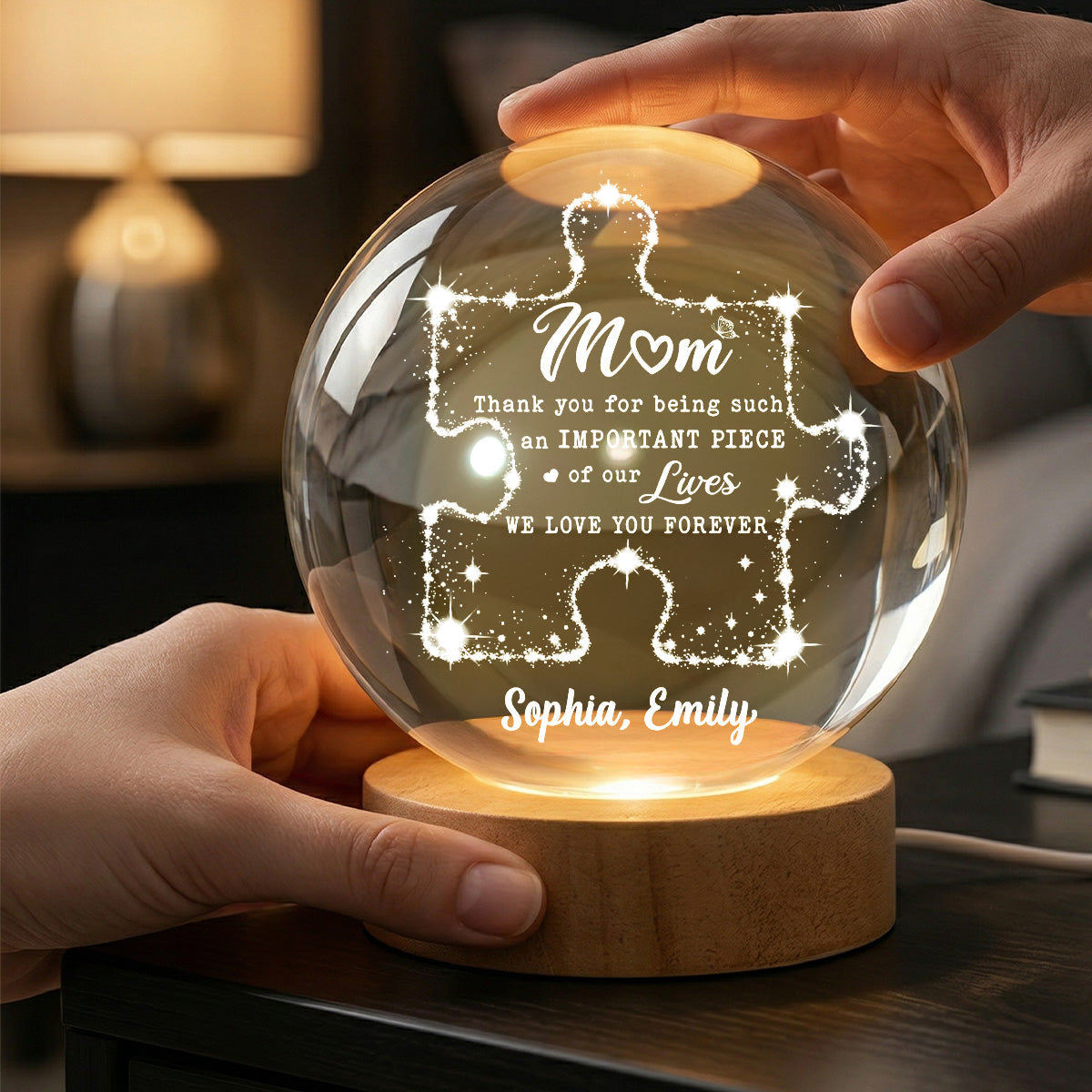 Mom Thank You Important Piece Of My Life - Personalized Crystal Ball LED Night Light - Gift For Mom