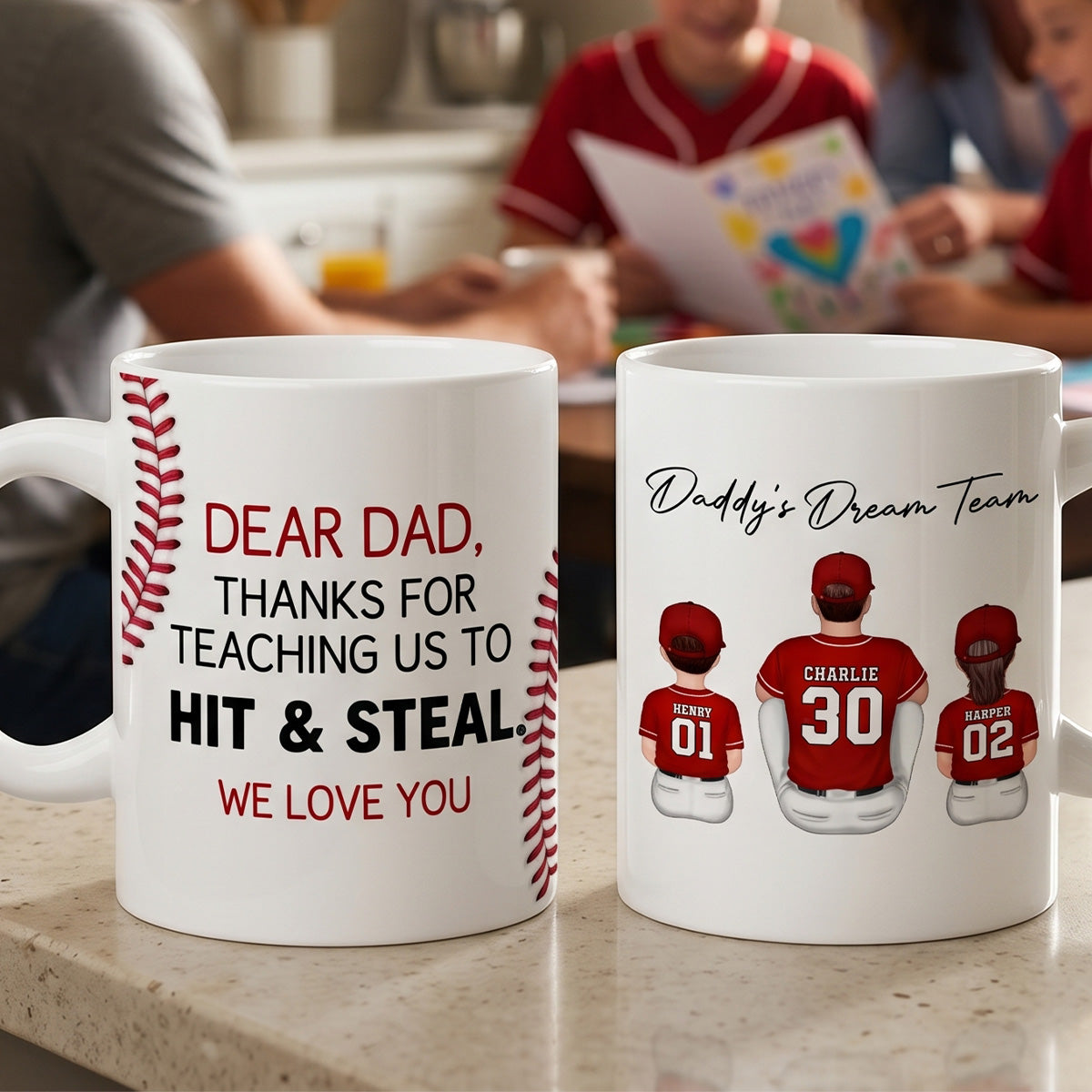 Thank You For Teaching Us To Hit & Steal Back View Baseball Dad & Kids - Personalized Mug - Father's Day Gift For Dad, Husband