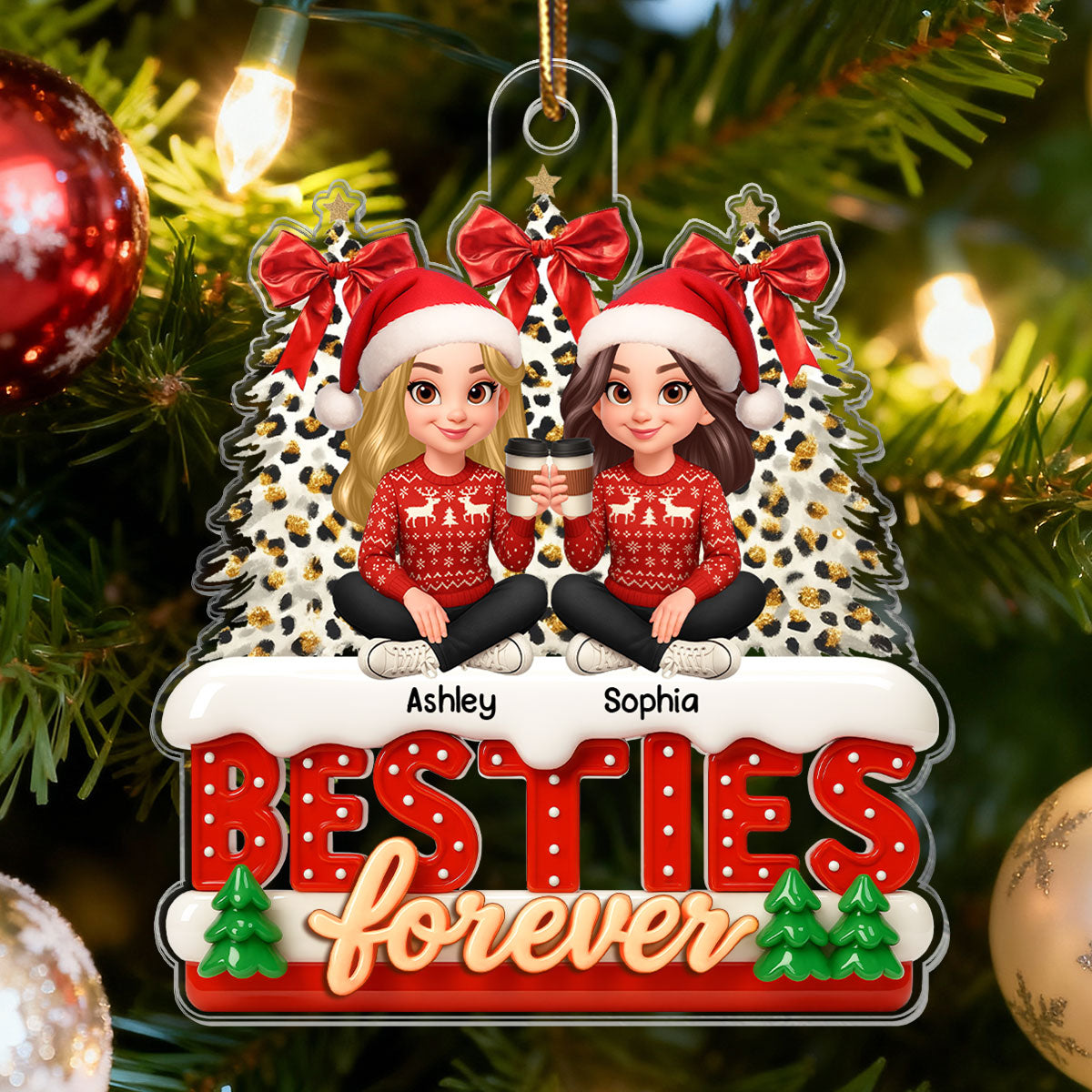 3D Effect Cartoon Besties Forever Leopard Coquette Christmas Tree - Personalized Acrylic Ornament