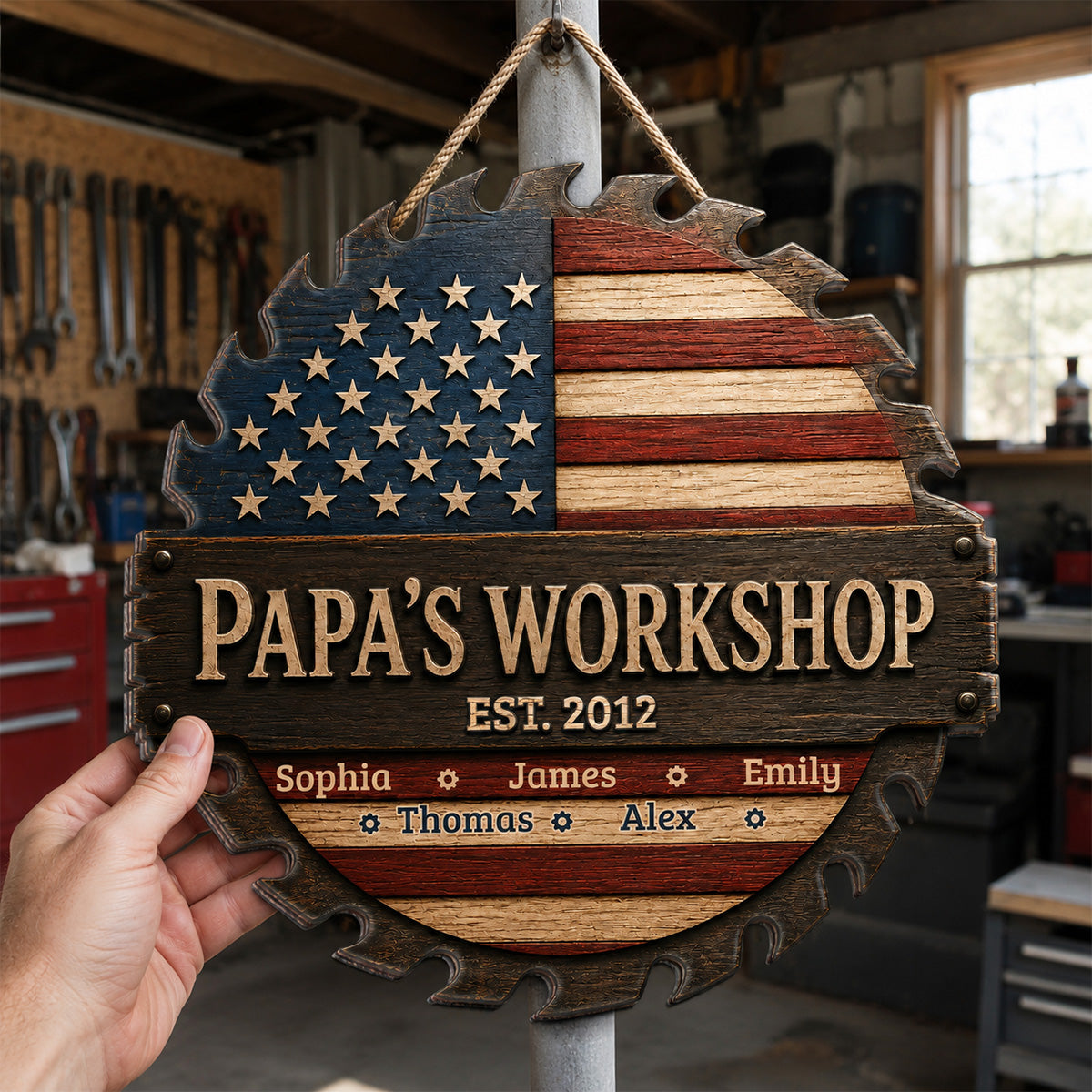 Dad Grandpa Workshop Nation Flag Theme - Personalized Wooden Garage Sign - Father's Day Gift For Patriotic Mechanic Dad, Grandpa