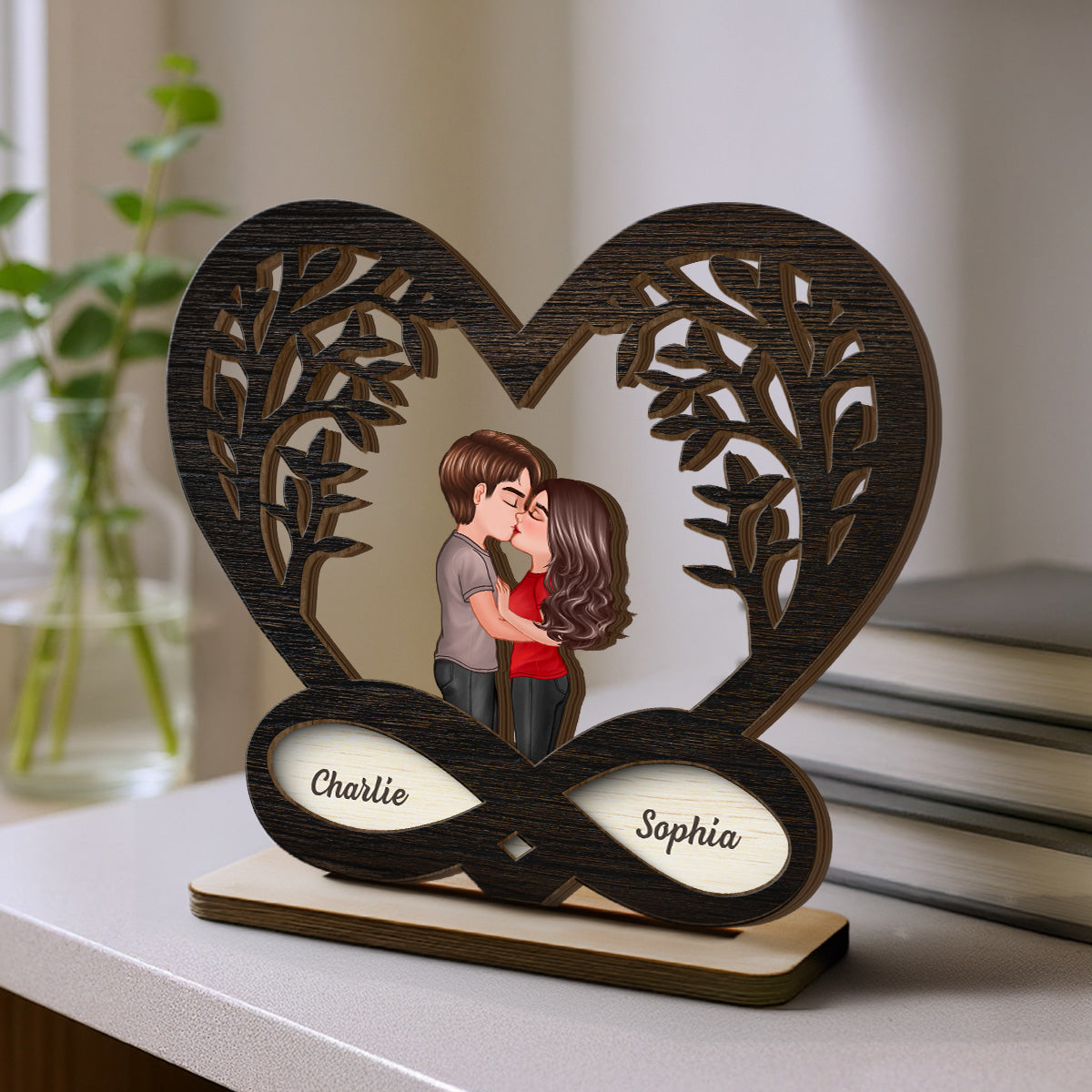 Couple Kissing Under Tree Rustic Infinity Heart - Personalized 2-Layer Wooden Plaque - Valentine's Day, Anniversary Gift For Him, For Her