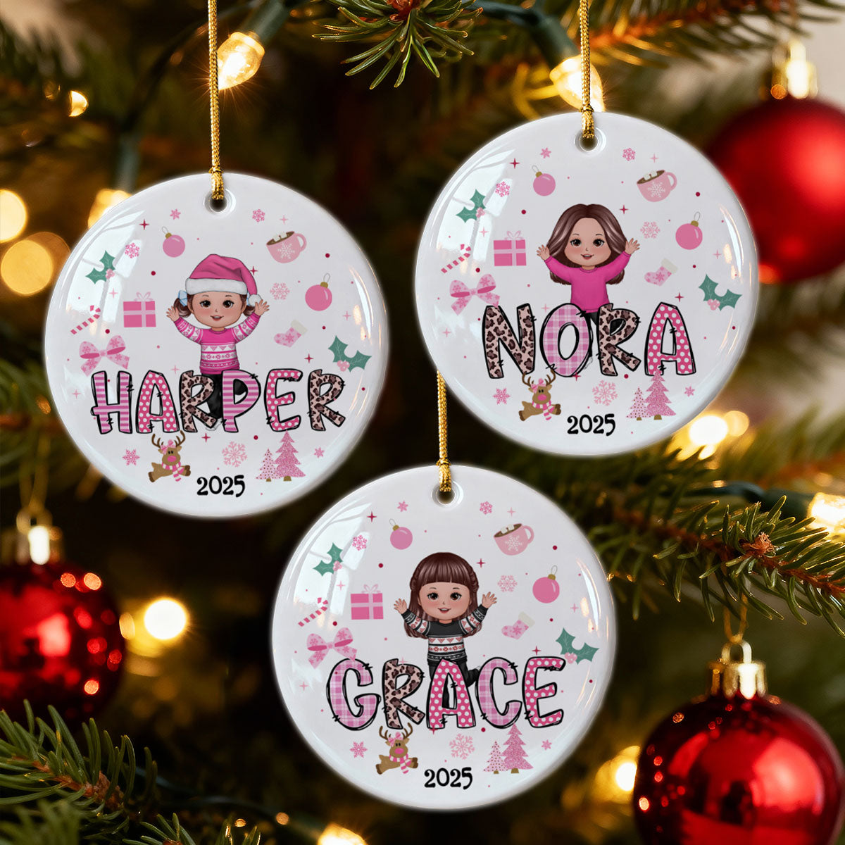 Pink Theme Cute Doll Girl Name Christmas - Personalized Ceramic Ornament - Gift For Daughter, Granddaughter