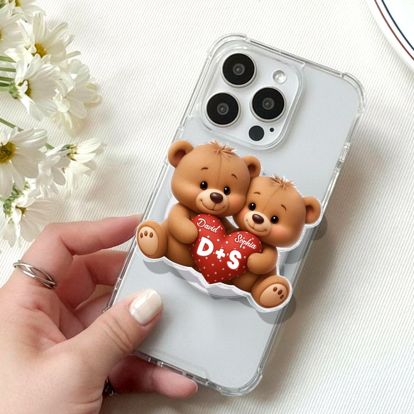 Bear Couple Holding Heart - Personalized Acrylic Magnetic Phone Grip - Gift for him, for her, Matching Phone Grips for Couple