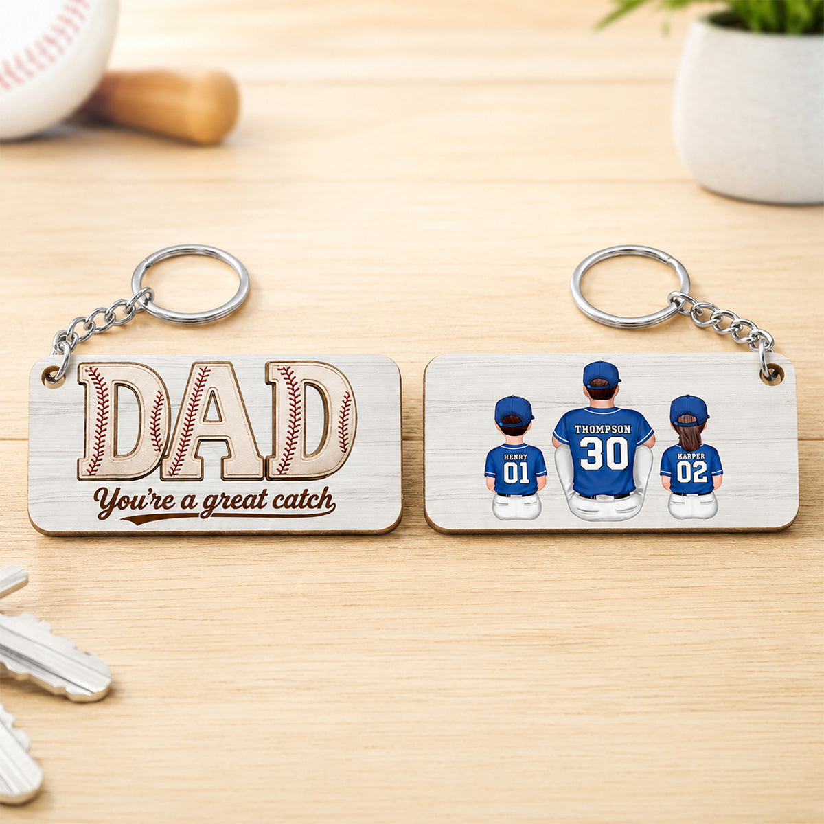 Dad We Love You Baseball Man & Kids Sitting - Personalized Wooden Keychain - Father's Day Gift For Basketball Dad