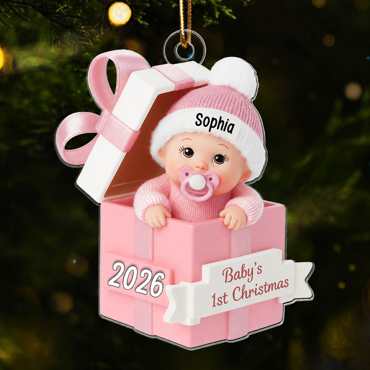 3D Effect Baby In Gift Box - Personalized Acrylic Ornament - First Christmas Keepsake