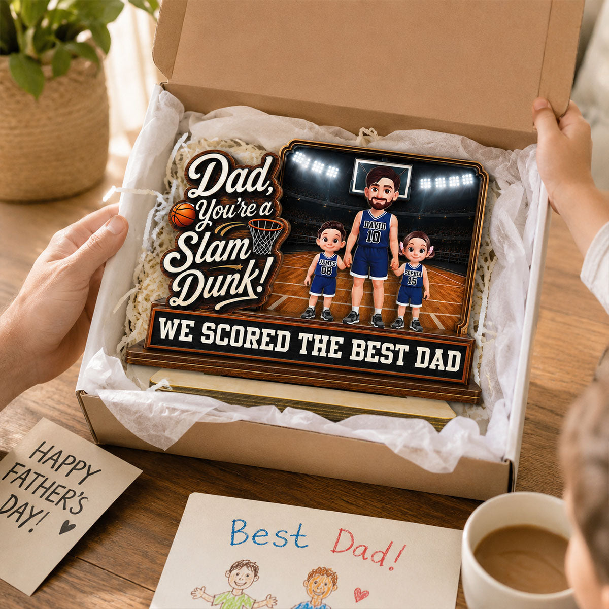 Dad You Are A Slam Dunk Basketball Man & Kids 2D Flat - Personalized 2-Layered Wooden Plaque -  Gift For Basketball Dad