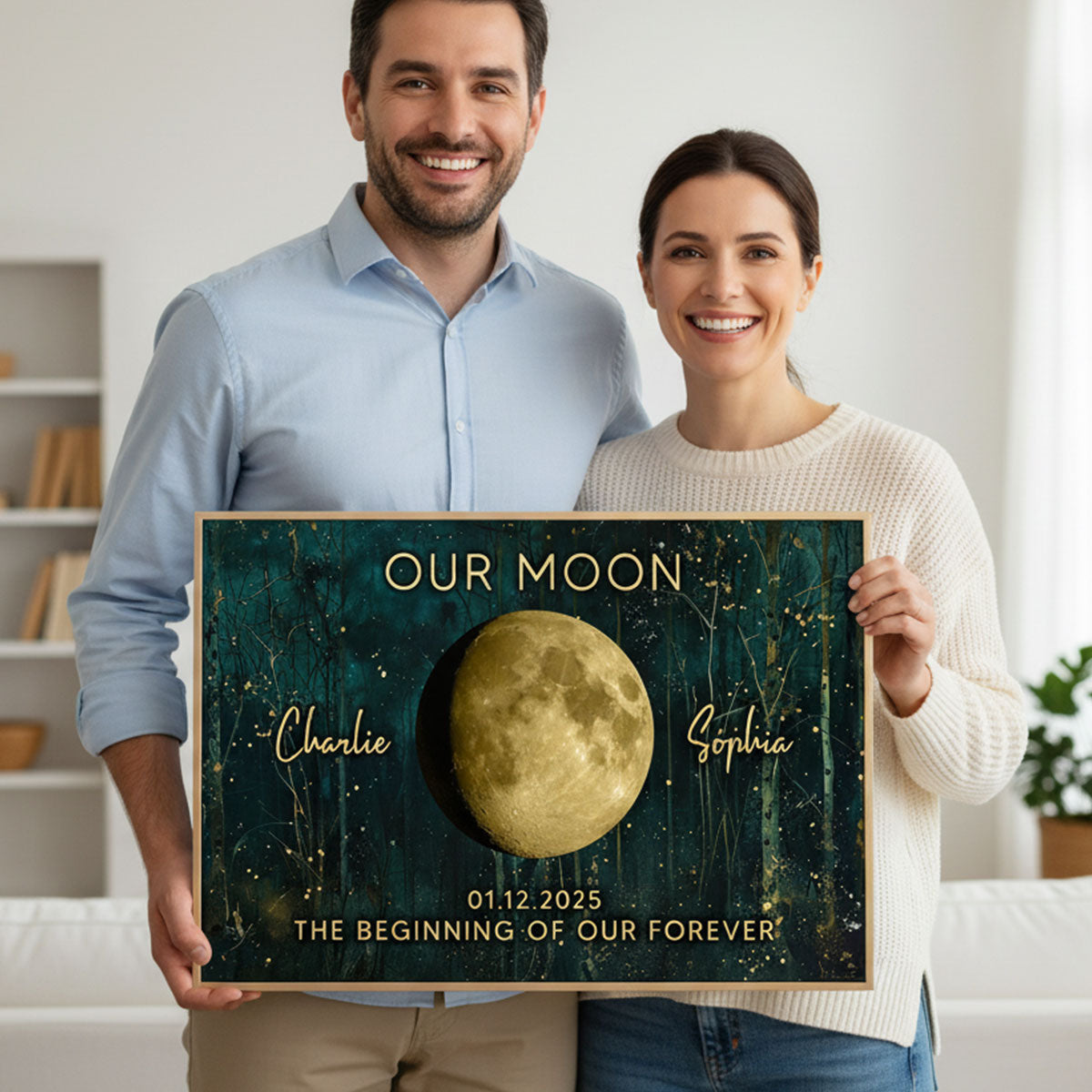Night In The Forest Couple Custom Moon Phase Anniversary Date - Personalized Poster - Heartfelt Anniversary Gift, Valentine Gift, Wedding Gift For Couple