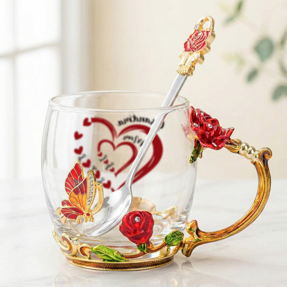Grandma Mom Heart Custom Kids Names - Personalized Enamel Flower Tea Cup - Gift For Grandma, Mom