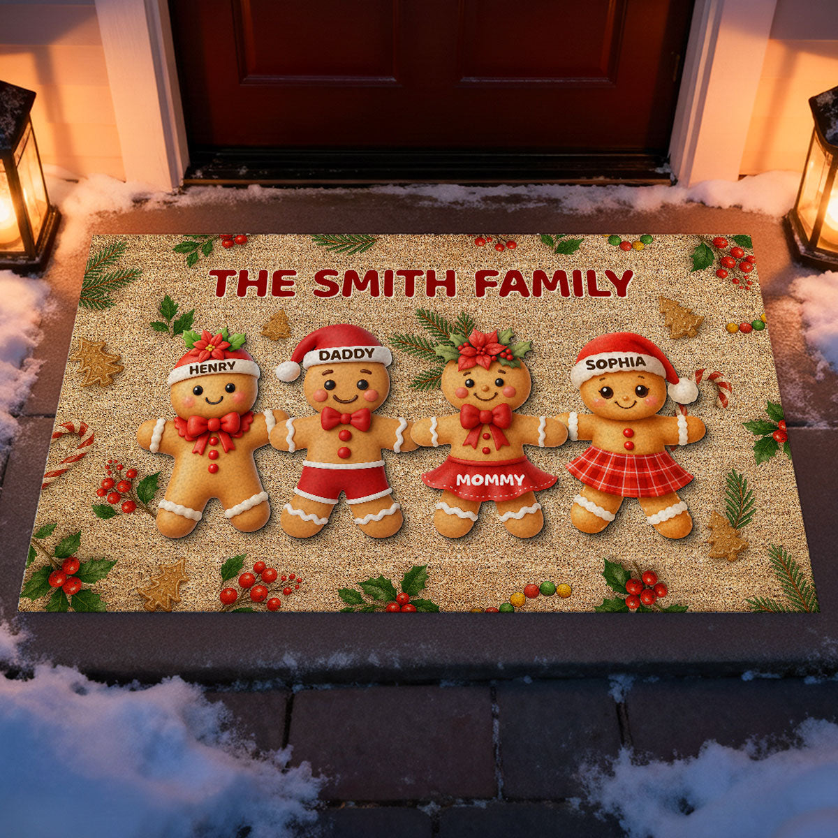 Gingerbread Family - Personalized Doormat - Christmas Gift for Family